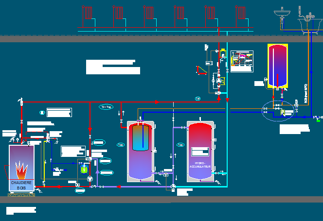 schema Chauffage bois, reservoir ecs bain marie, Appoint séparé par ballon avec montage en série 